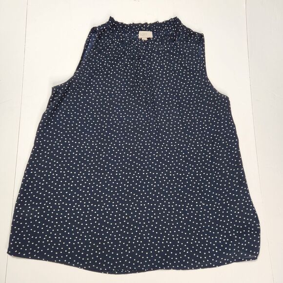 LOFT Blouse Womens Small Navy Blue White Polka Dotted Career Office Ruffle Neck - Picture 2 of 7